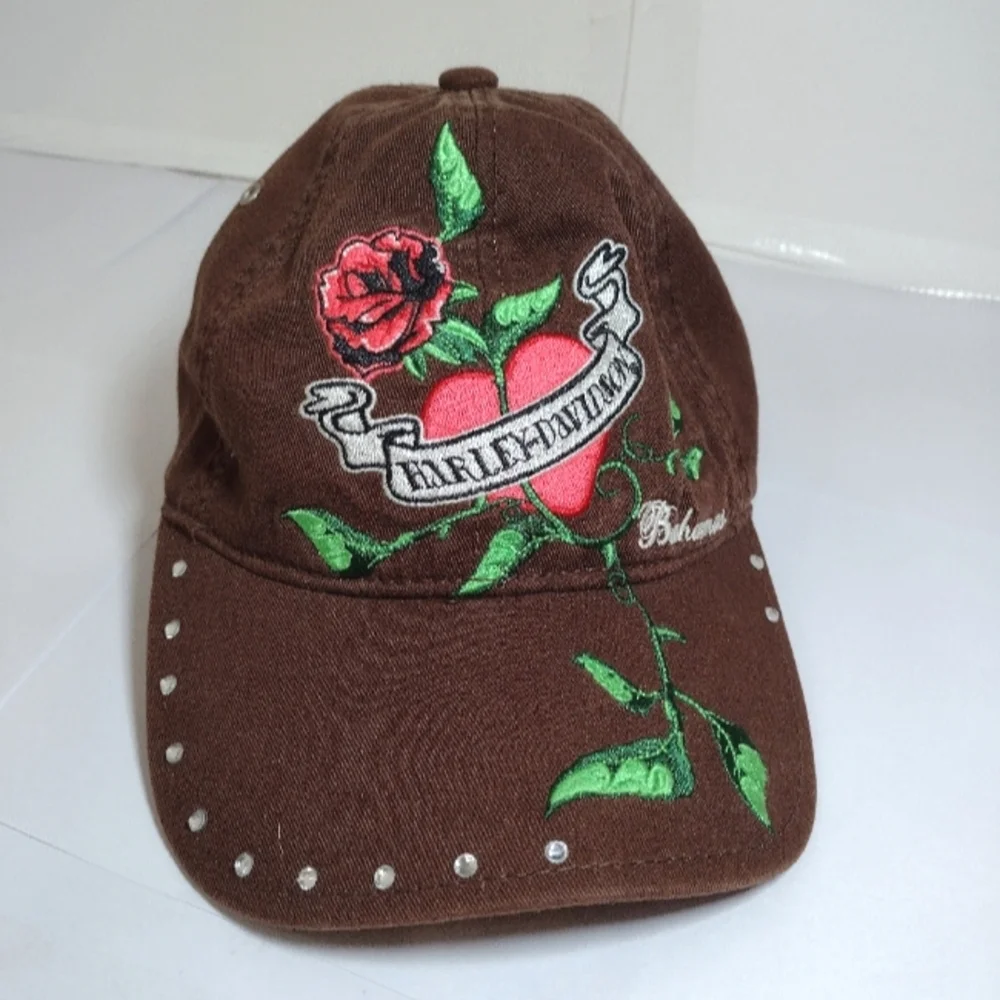 Harley Davidson Bahamas Women's Brown Cap with Embroidered Rose and Heart